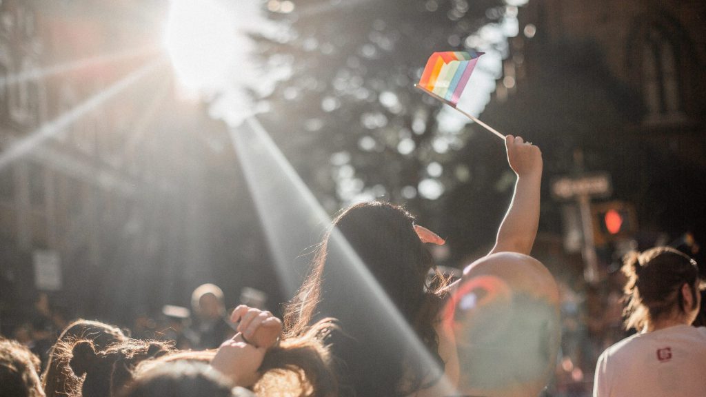 This image captures a sunlit scene of a person holding a rainbow flag during a public event, likely a parade or rally, celebrating LGBTQ+ equal rights. The atmosphere is vibrant and filled with people.