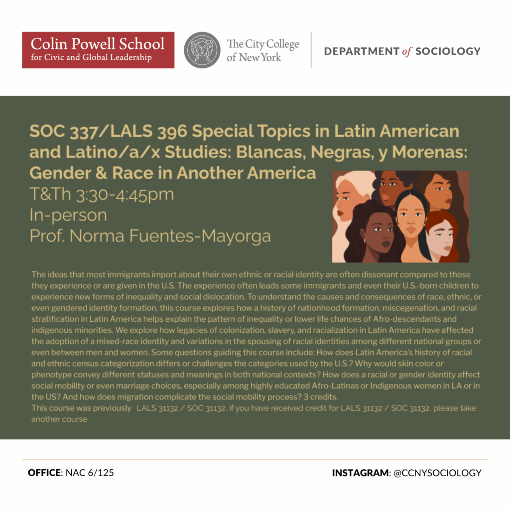 SOC 337/LALS 396 Special Topics in Latin American and Latino/a/x Studies: Blancas, Negras, y Morenas: Gender & Race in Another America